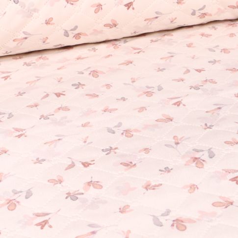 Tissu Matelassé Aquarelle fleuris bordeaux sur fond Ecru