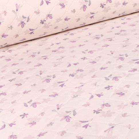 Tissu Matelassé Aquarelle fleuris parme sur fond Ecru