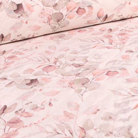 Tissu Matelassé Eucalyptus rose sur fond Blanc cassé