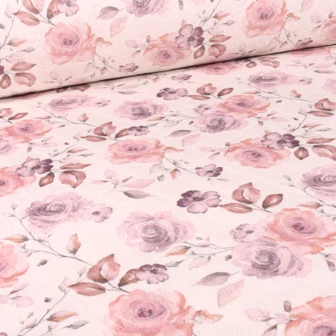 Tissu Matelassé Aquarelle de rose parme sur fond Blanc cassé