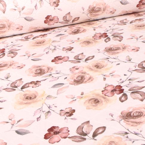 Tissu Matelassé Aquarelle de rose nude sur fond Blanc cassé