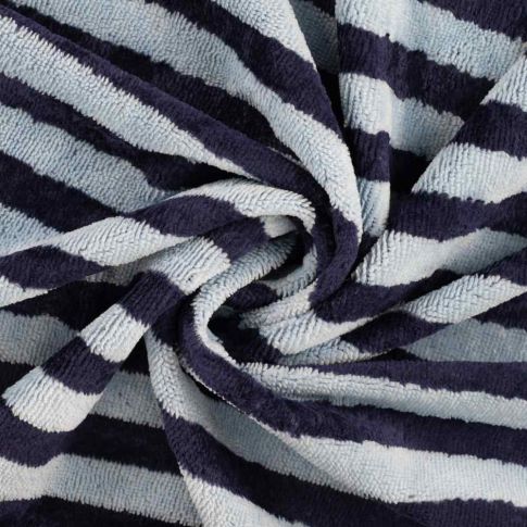 Tissu Micro Eponge Bambou rayures Lyo bleues marine sur fond Bleu clair