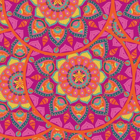 Tissu Toile de Coton digital Mandala sur fond Rose fuchsia