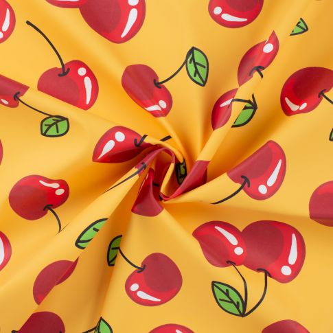 Tissu Imperméable Cerises rouges sur fond Jaune