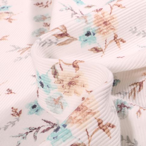 Tissu Jersey côtelé Ottoman Fleurs bleues et beiges sur fond Blanc cassé
