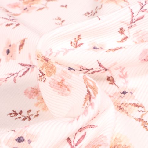 Tissu Jersey côtelé Ottoman Fleurs rose ancien sur fond Blanc cassé