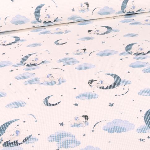 Tissu Jersey nid d'abeille  Eléphanteaux et lunes bleu sur fond Blanc cassé