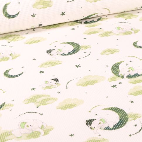 Tissu Jersey nid d'abeille  Eléphanteaux et lunes vert sur fond Blanc cassé