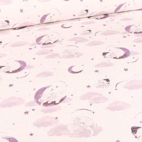 Tissu Jersey nid d'abeille  Eléphanteaux et lunes violet sur fond Blanc cassé