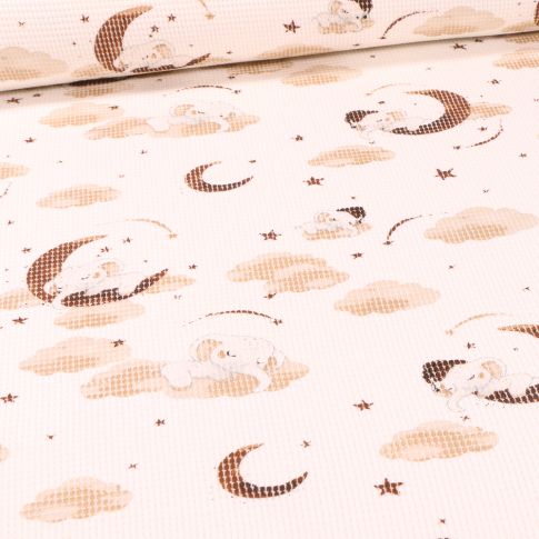 Tissu Jersey nid d'abeille  Eléphanteaux et lunes marron sur fond Blanc cassé