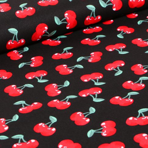 Tissu Coton imprimé Cerises sur fond Noir