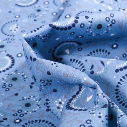 Tissu Coton imprimé Pissenlits et feuillages sur fond Bleu ciel