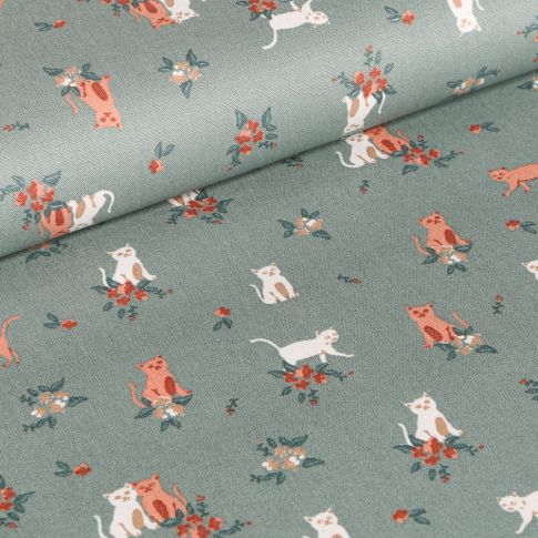 Tissu Coton imprimé Chats et fleurs sur fond Vert d'eau