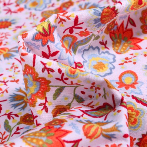 Tissu Coton imprimé Flower orange sur fond Blanc