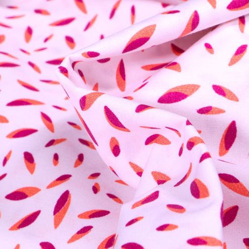 Tissu Coton imprimé Plumes fuchsia et orange sur fond Blanc