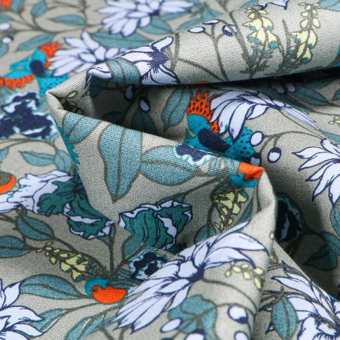 Tissu Coton imprimé Fleurs et Oiseaux sur fond Vert kaki clair