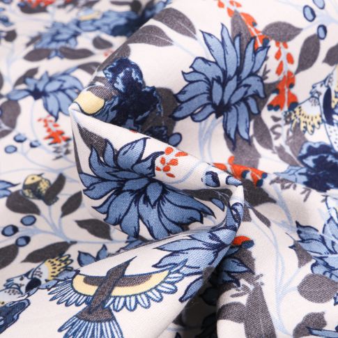 Tissu Coton imprimé Fleurs et Oiseaux sur fond Blanc
