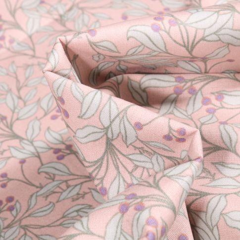 Tissu Coton imprimé Branches et feuilles sur fond Rose pâle