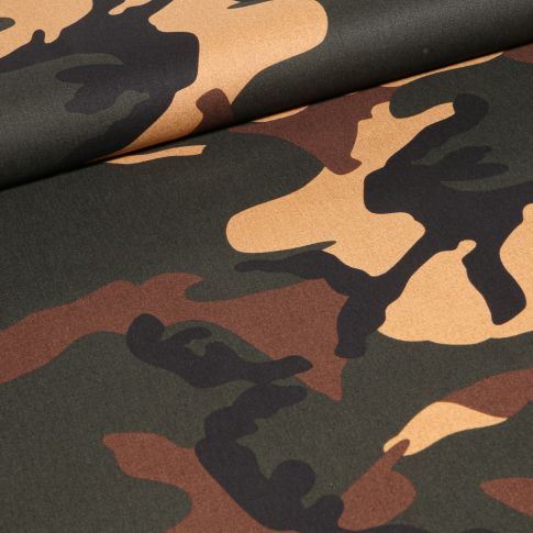 Tissu Coton imprimé Camouflages Kaki sur fond Noir