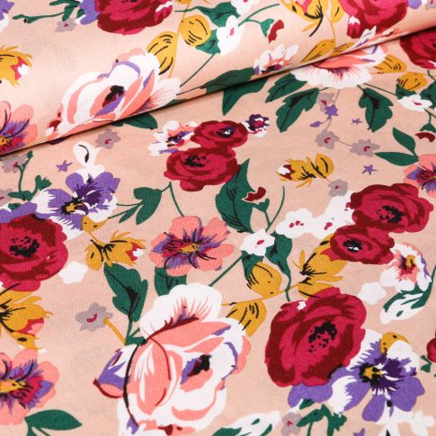 Tissu Coton imprimé Pivoines et fleurs sur fond Rose nude