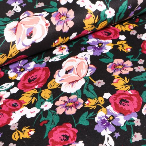 Tissu Coton imprimé Pivoines et fleurs sur fond Noir
