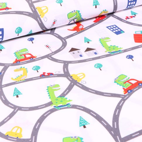 Tissu Coton imprimé Dinosaures en ville sur fond Blanc