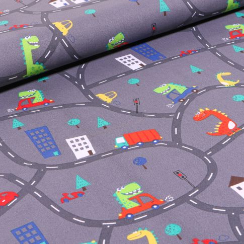 Tissu Coton imprimé Dinosaures en ville sur fond Gris anthracite
