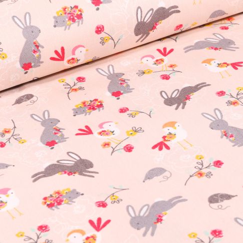 Tissu Coton imprimé LittleBird Lapins et oiseaux sur fond Rose pâle
