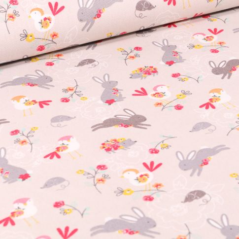 Tissu Coton imprimé LittleBird Lapins et oiseaux sur fond Beige