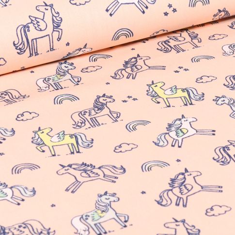 Tissu Coton imprimé LittleBird Licornes et nuages sur fond Rose pâle
