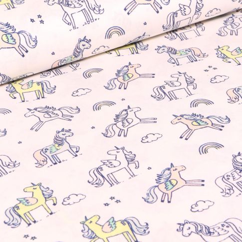 Tissu Coton imprimé LittleBird Licornes et nuages sur fond Blanc