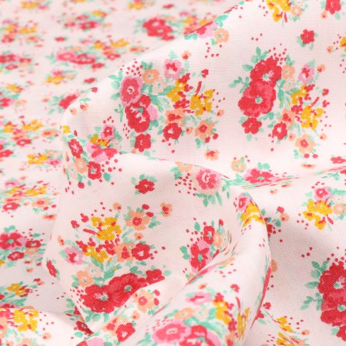 Tissu Popeline de coton Bouquet printanier rouge sur fond Blanc