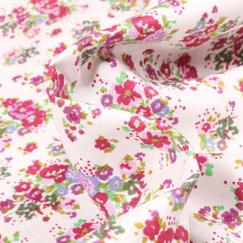 Tissu Popeline de coton Bouquet printanier violet sur fond Blanc