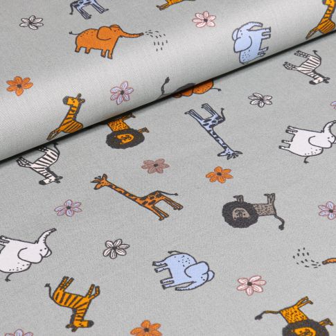 Tissu Coton imprimé LittleBird Animaux  safari sur fond Gris clair