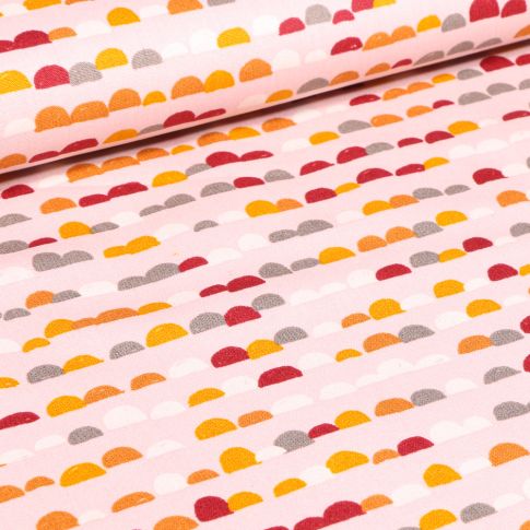 Tissu Coton imprimé Demi cercles colorés sur fond Rose
