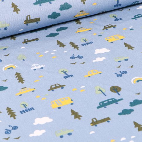 Tissu Coton imprimé LittleBird Voitures et bus sur fond Bleu ciel