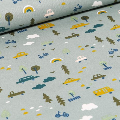 Tissu Coton imprimé LittleBird Voitures et bus sur fond Vert d'eau