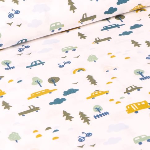 Tissu Coton imprimé LittleBird Voitures et bus sur fond Blanc cassé