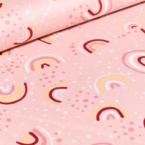Tissu Coton imprimé Arc en ciel pastels sur fond Rose