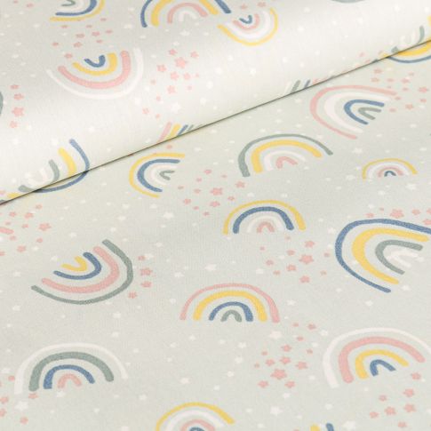 Tissu Coton imprimé Arc en ciel pastels sur fond Vert menthe clair