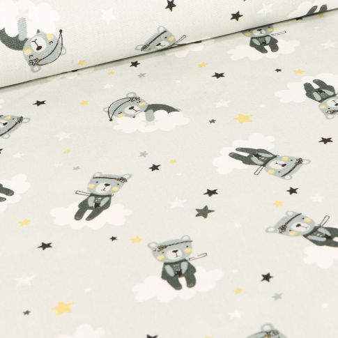 Tissu Coton imprimé LittleBird Oursons et nuages sur fond Vert pâle