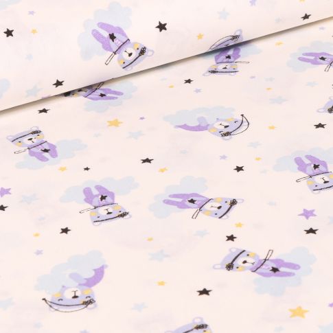 Tissu Coton imprimé LittleBird Oursons et nuages sur fond Blanc cassé