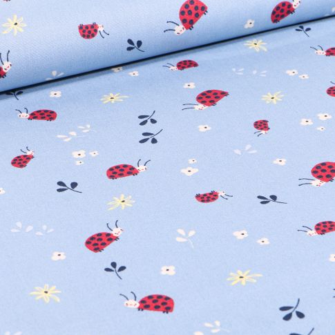 Tissu Coton imprimé LittleBird Coccinelles et fleurs sur fond Bleu