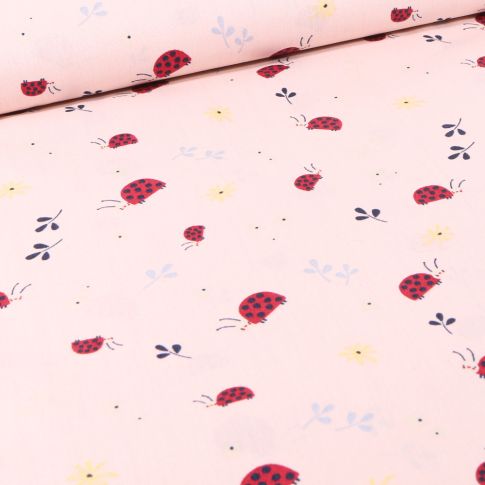 Tissu Coton imprimé LittleBird Coccinelles et fleurs sur fond Rose nude