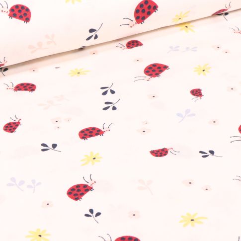 Tissu Coton imprimé LittleBird Coccinelles et fleurs sur fond Blanc cassé