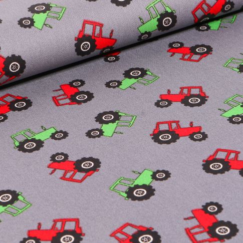 Tissu Coton imprimé Tracteurs rouges et verts sur fond Gris