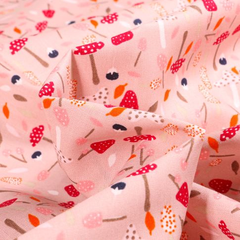 Tissu Coton imprimé Champignons Aurore sur fond Rose