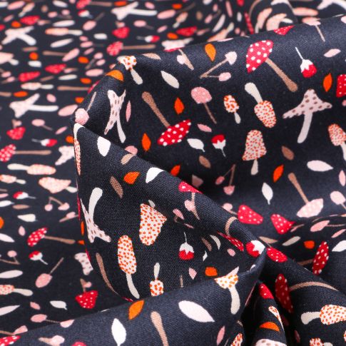 Tissu Coton imprimé Champignons Aurore sur fond Noir