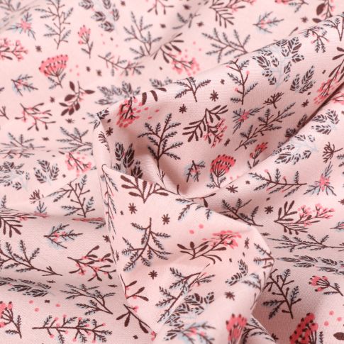 Tissu Popeline de coton Sweet Flower Branches fleuries sur fond Rose