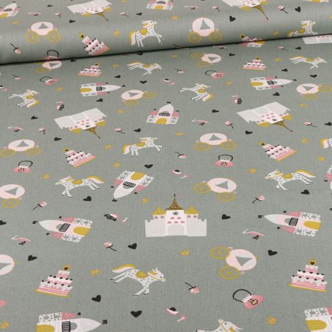 Tissu Coton imprimé Château de princesse sur fond Vert amande